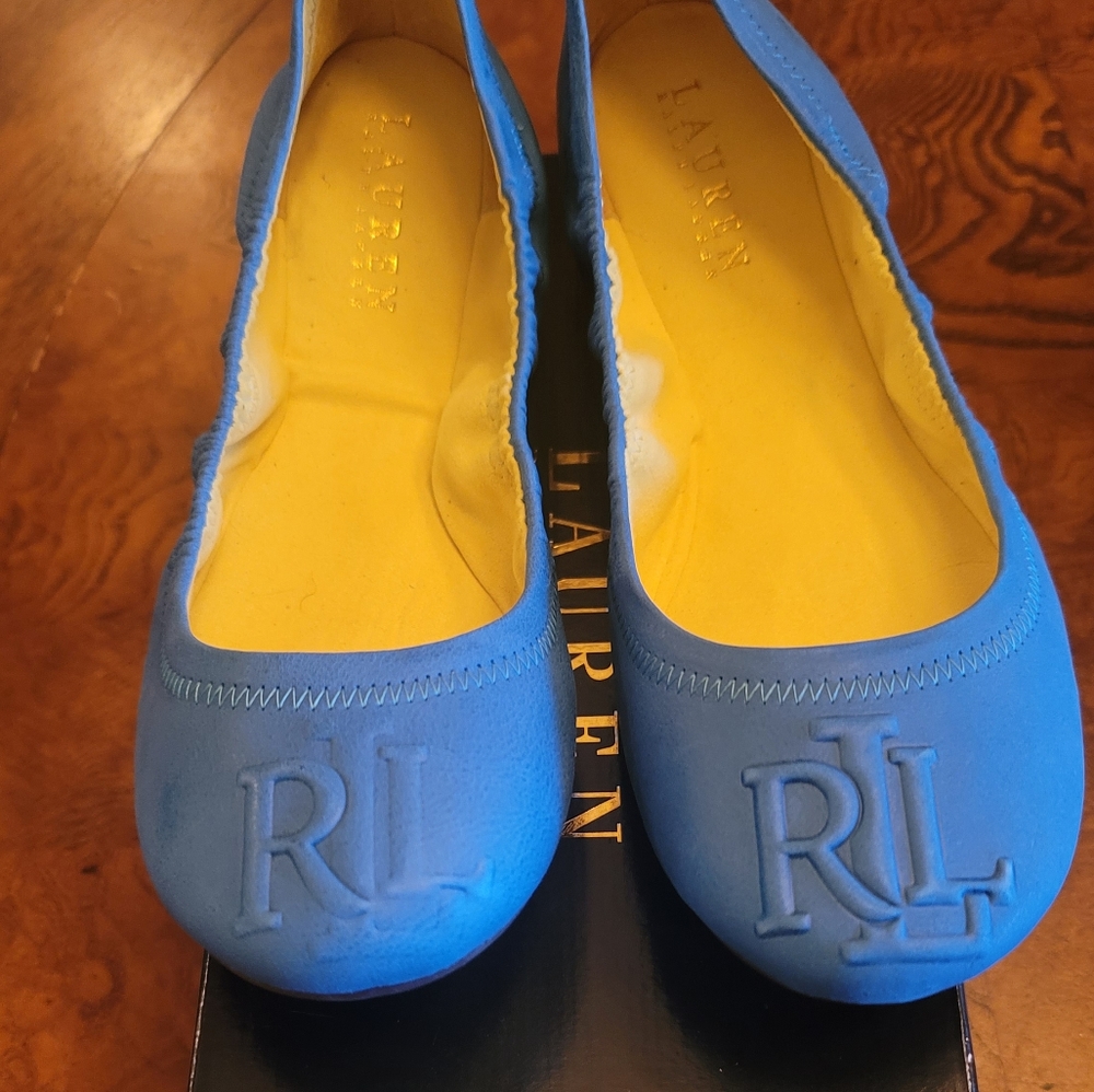 NWOT Ralph Lauren Royal Blue Turquoise Cobalt RL Logo Flats Size 9